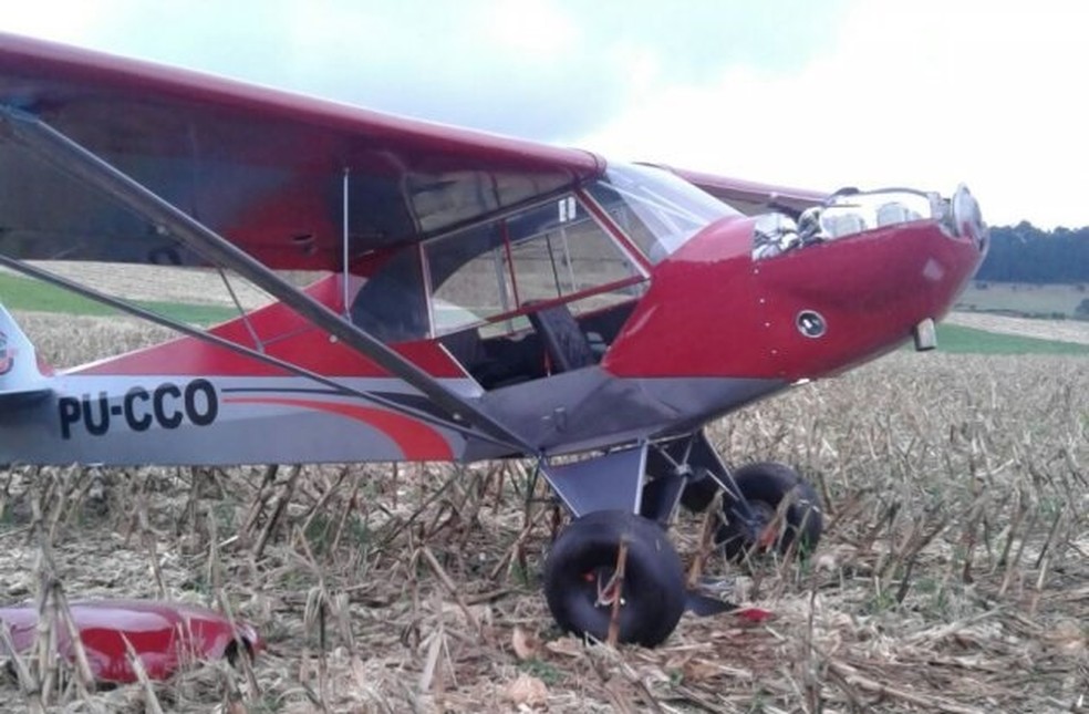 Foto de 2017, após o pouso forçado do avião em uma fazenda de Santa Catarina - Avião que caiu em Teresina fez pouso de emergência em fazenda de Santa Catarina em 2017 — Foto: Jardel Martinazzo/ Rádio Capinzal FM