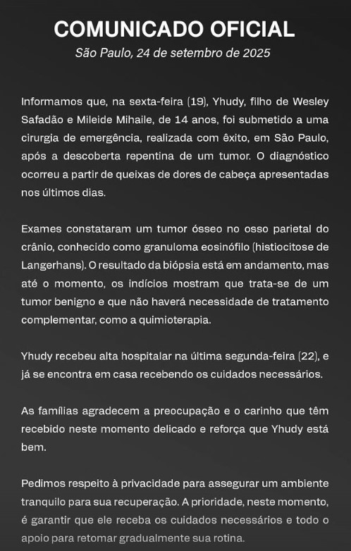 Wesley Safadão posta comunicado sobre diagnóstico de tumor do filho: 'Yudhy está bem'