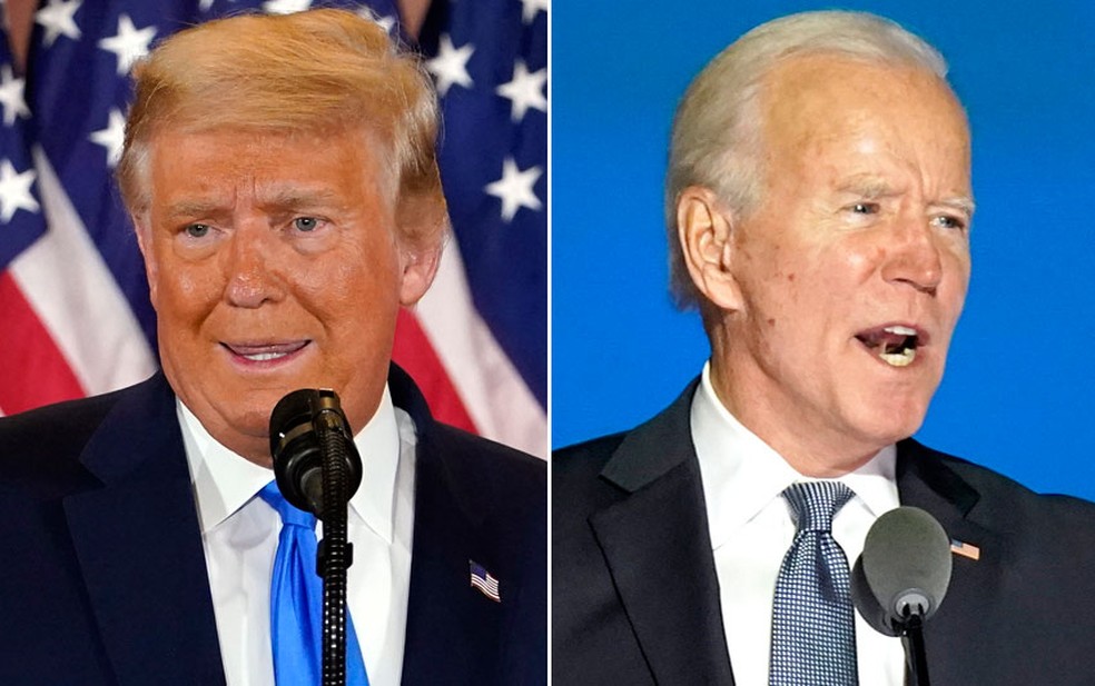 O presidente dos EUA, Donald Trump, e o ex-vice-presidente Joe Biden, que disputam a eleição — Foto: Evan Vucci/AP; Andrew Harnik/AP