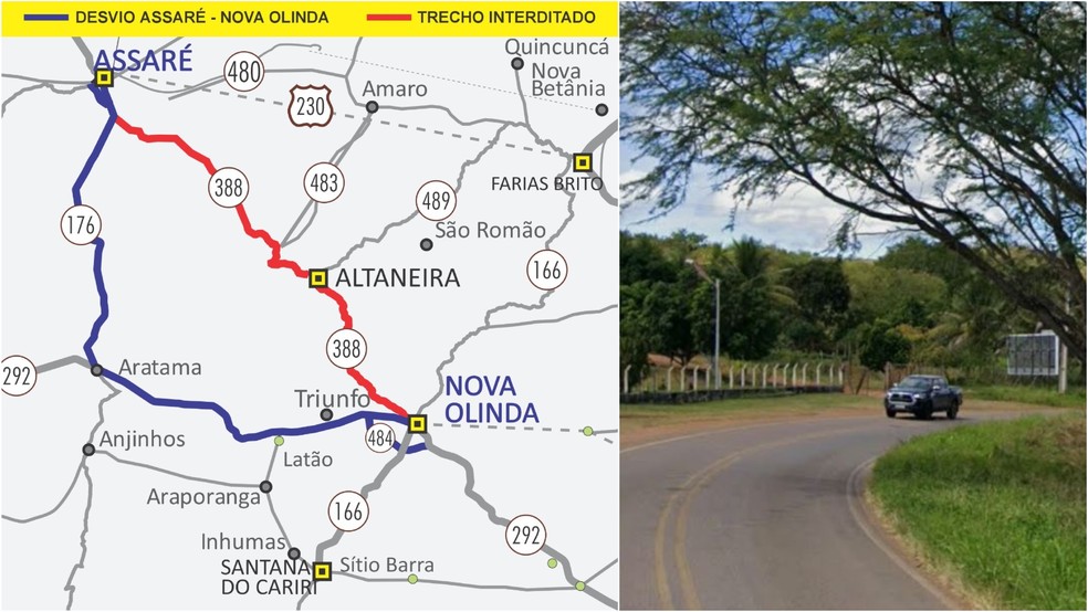 Desvios pela CE-176 e CE-292 são alternativas durante interdição da CE-388, no Ceará — Foto: Superintendência de Obras Públicas/Divulgação/Google Street View/Reprodução