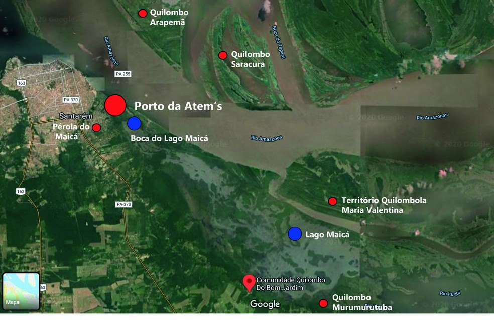 Mapa mostra quilombos no entorno do lago do Maicá — Foto: Google