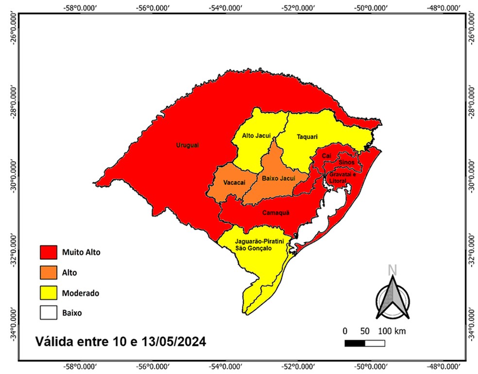 Mapa mostra a probabilidade de ocorrência de eventos hidrológicos em ao menos um município das bacias hidrográficas indicadas. — Foto: Cemaden