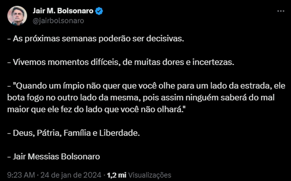 Publicação de Jair Bolsonaro criou suspeita para a PF de que ele pode ter tido acesso antecipado às informações sobre operação contra Alexandre Ramagem — Foto: Reprodução/X