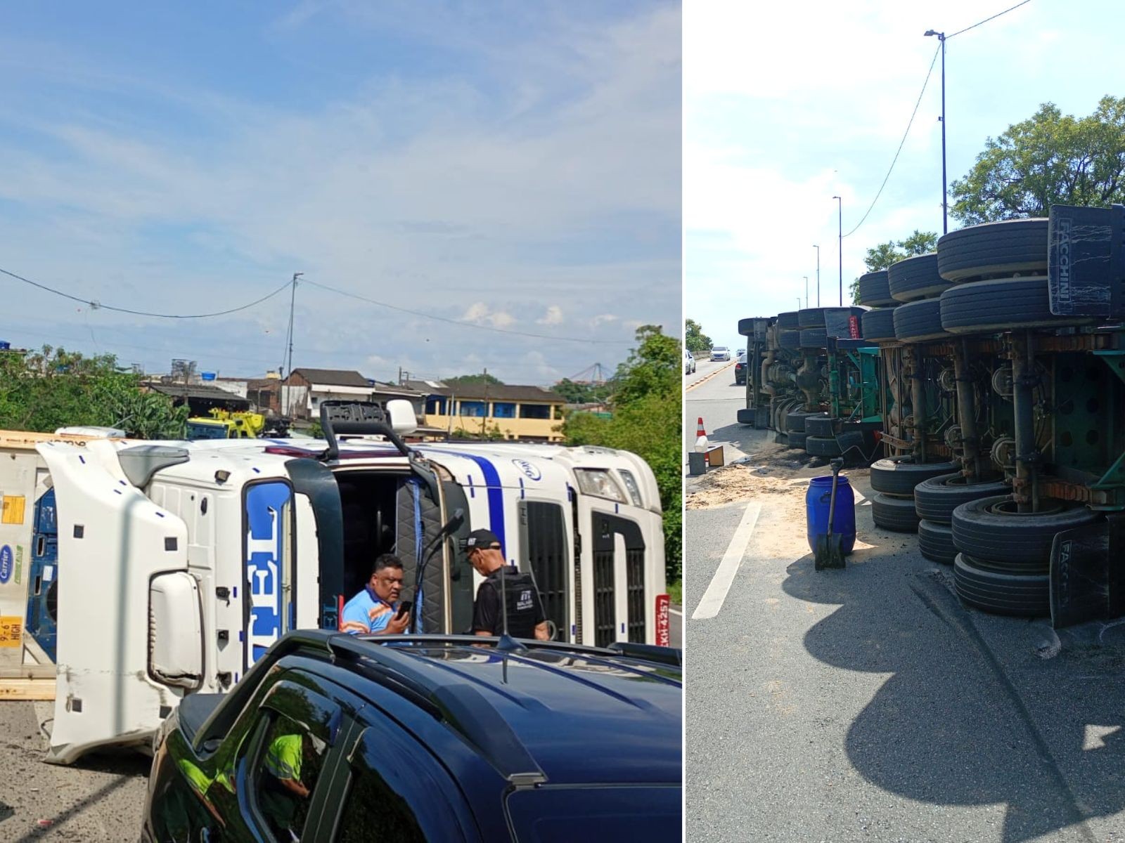 Carreta tomba em rodovia e bloqueia acesso a viaduto em Guarujá; VÍDEO