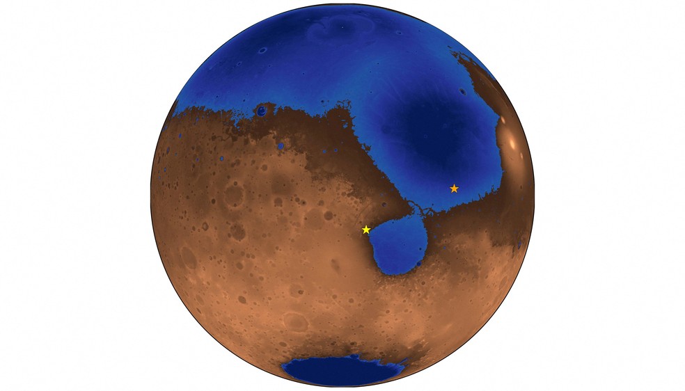 Ilustração mostra Marte há 3,6 bilhões de anos, quando um oceano pode ter coberto metade do planeta. Estrelas marcam locais dos rovers Zhurong (China) e Perseverance (EUA). — Foto: Robert Citron/Handout via REUTERS