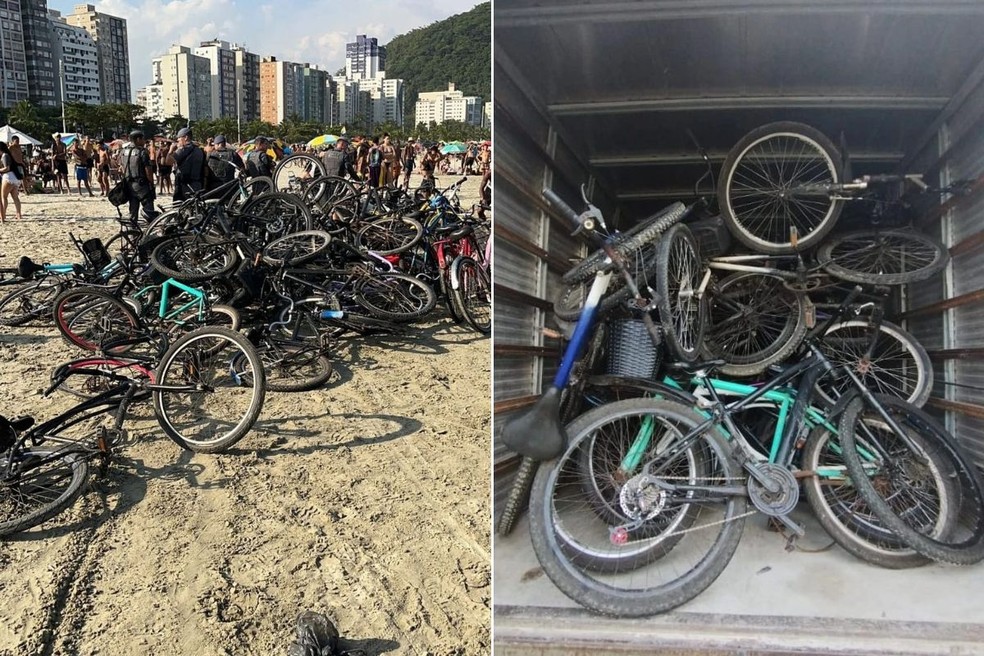 Dezenas de bicicletas foram apreendidas em São Vicente — Foto: Reprodução