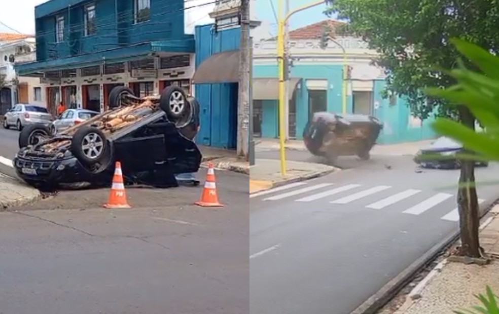 Veículo capota após ser atingido por outro em cruzamento de Jaú (SP) — Foto: Reprodução/Câmera de segurança/Thaís Andrioli