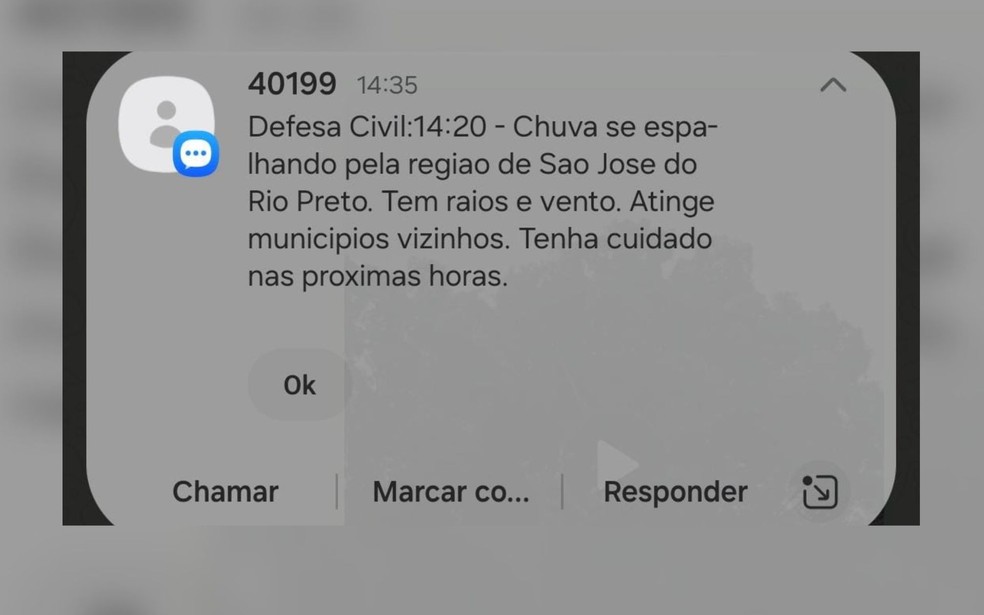 Alerta de mau tempo enviado pela Defesa Civil para a regi&atilde;o de S&atilde;o Jos&eacute; do Rio Preto (SP) &mdash; Foto: Reprodu&ccedil;&atilde;o