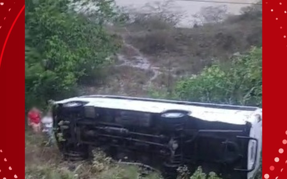 Micro-ônibus capotou e caiu em ribanceira em trecho de Catu, na BR-110 — Foto: Reprodução/Redes Sociais