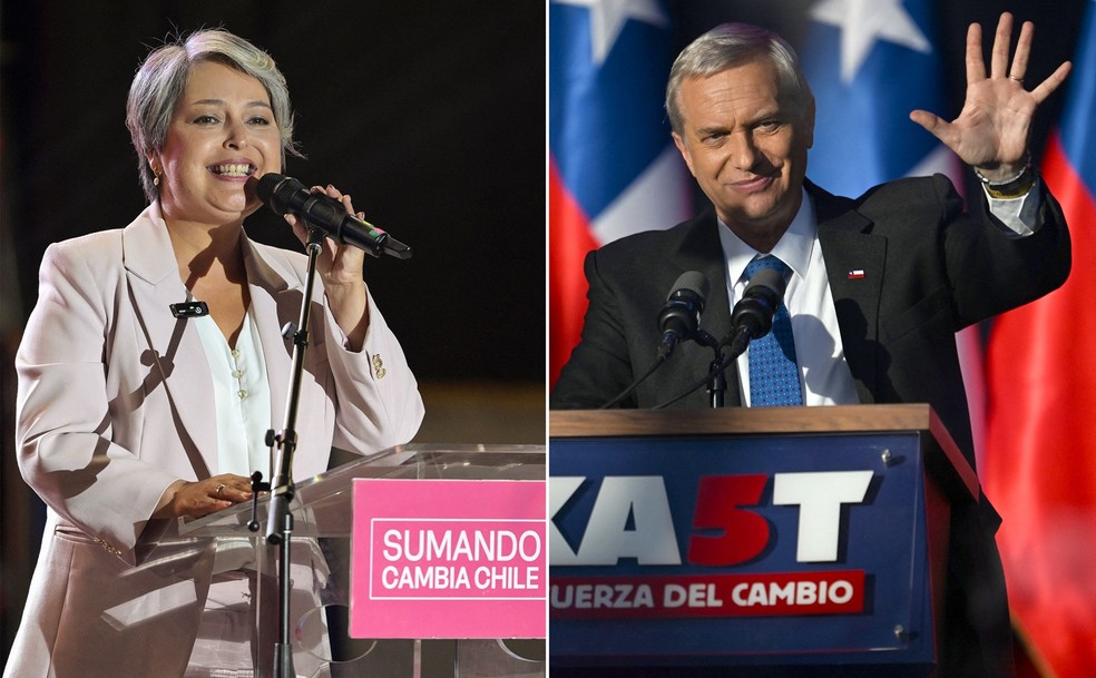 Montagem mostra os candidatos à Presidência do Chile, Jeanette Jara e José Antonio Kast — Foto: EITAN ABRAMOVICH / AFP