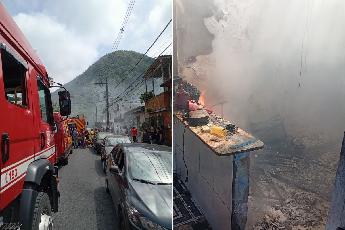 Telhado de casa desaba durante incêndio no litoral de SP