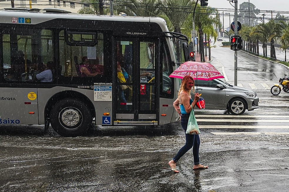 Pedestres se protegem da chuva na Avenida Interlagos, no bairro Jardim Marajoara, zona sul de São Paulo — Foto: MARCO AMBROSIO/ATO PRESS/ESTADÃO CONTEÚDO