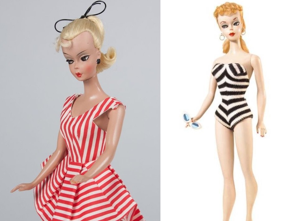 À direita, a boneca alemã Lilli. À esquerda, a primeira Barbie, criada em 1959.  — Foto: Reprodução 