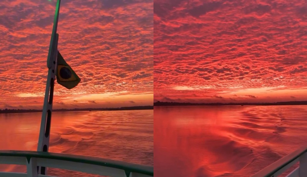 Sem filtro e sem IA: nascer do sol no rio Madeira impressiona pelas cores vibrantes