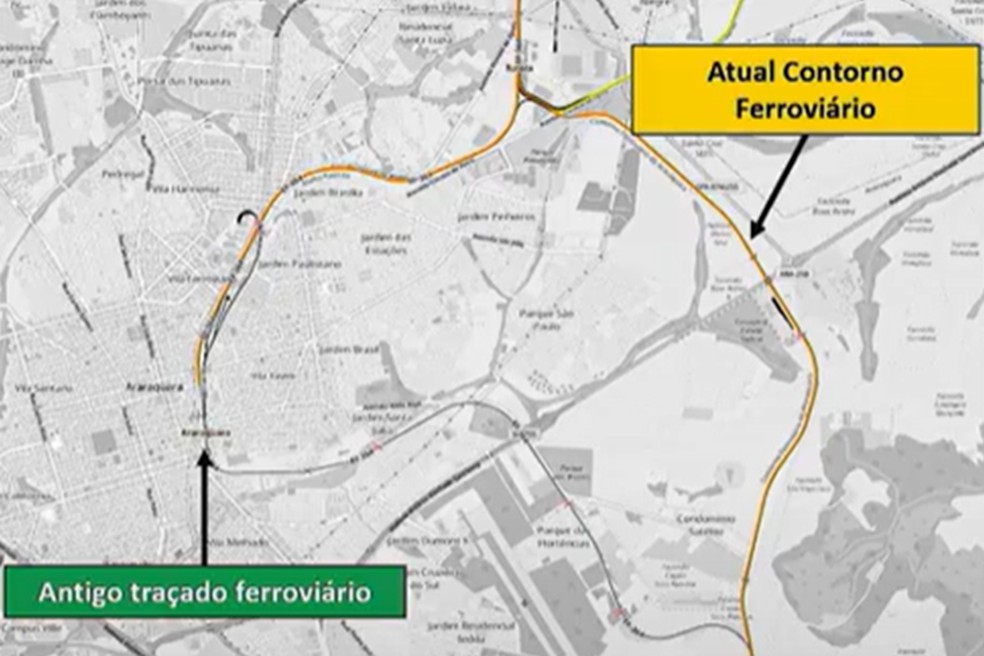 Obras do contorno ferroviário mudou traçado da ferrovia em Araraquara — Foto: Reprodução Ministério dos Transportes