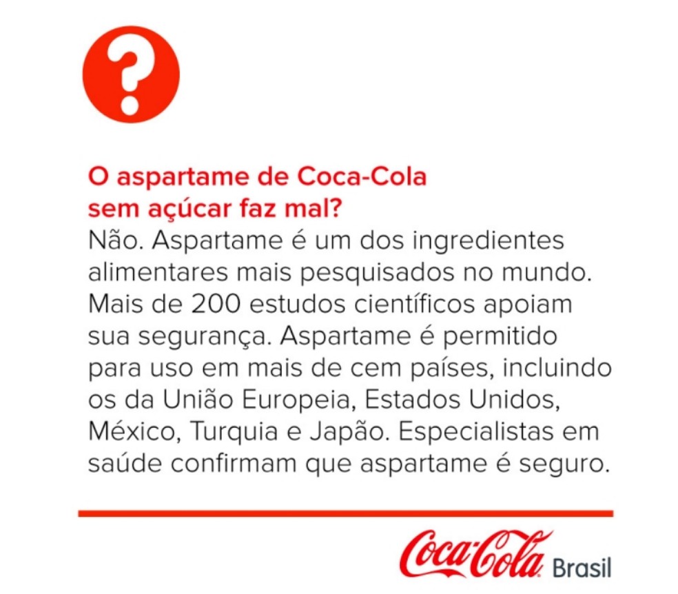 Nota do site da Coca-Cola no Brasil sobre o aspartame, — Foto: Reprodução/Coca Cola Brasil