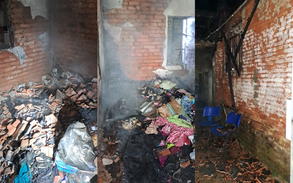 Incêndio atinge casa e parte do telhado cai durante combate às chamas em Varginha, MG — Foto: Corpo de Bombeiros