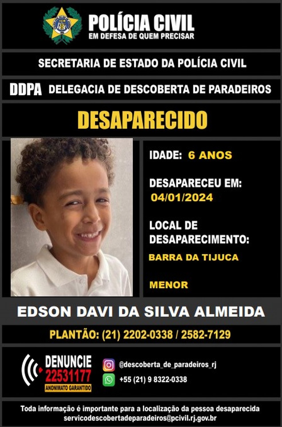 Polícia Civil divulga cartaz para ajudar na localização do menino — Foto: Divulgação