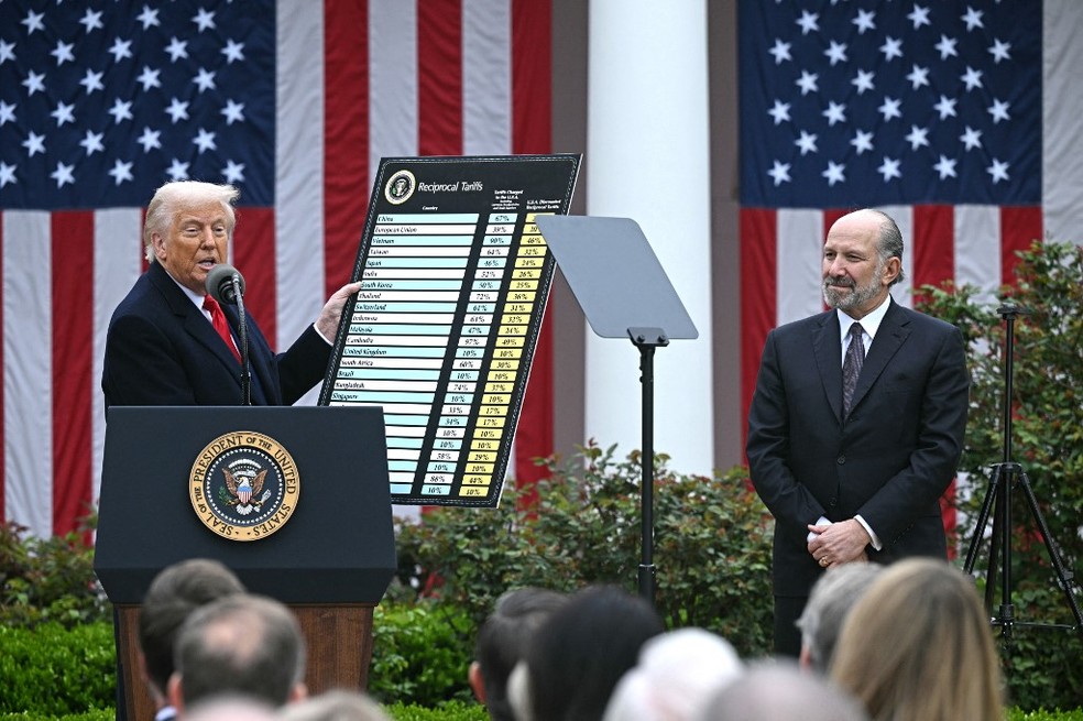 Trump mostra tabela do tarifaço por país — Foto: Brendan Mialowski/AFP