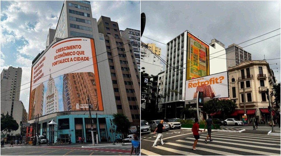 Montagem mostra projeto de telões luminosos nos edifícios New York, Herculano de Almeida e Galeria Sampa, no Centro de São Paulo — Foto: Divulgação/Instituto Sarasá