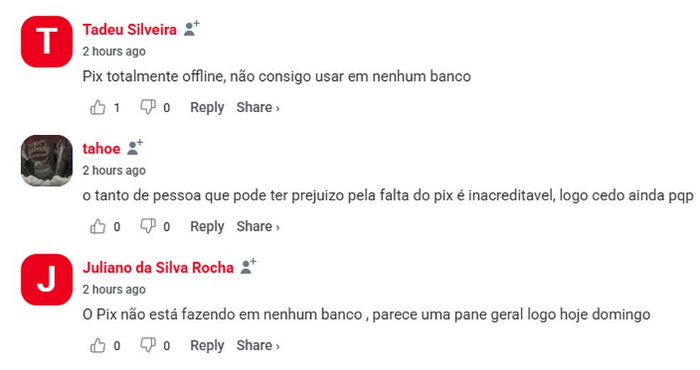 Relatos de falhas no PIX na plataforma Downdetector, em 23 de agosto de 2026. — Foto: Reprodução/ Downdetector