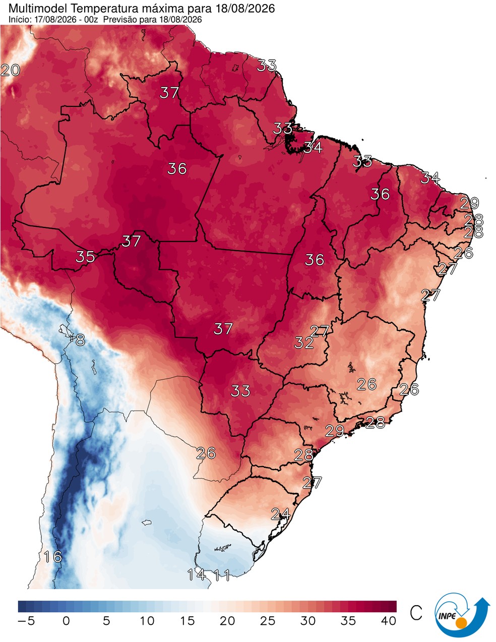 Temperaturas máximas previstas para esta terça em todo o Brasil. — Foto: CPTEC/Inpe