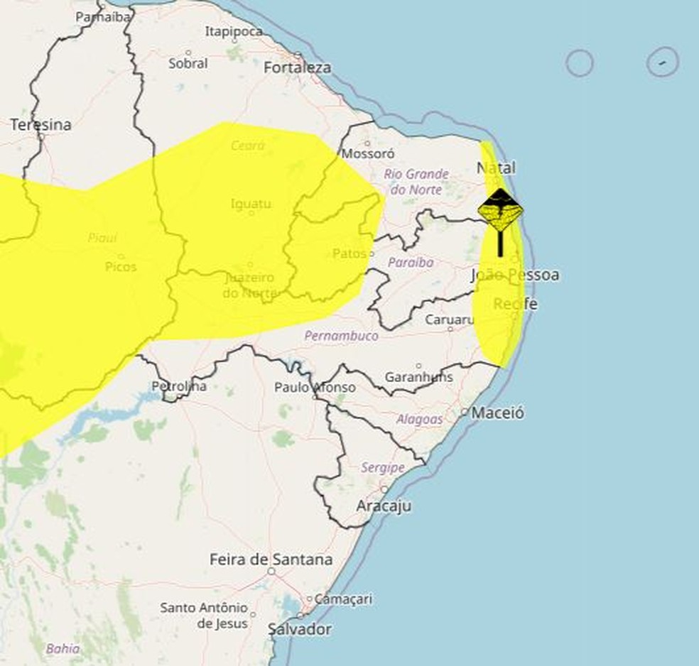 Alerta atinge cidades do litoral do RN e de outras regiões — Foto: Inmet