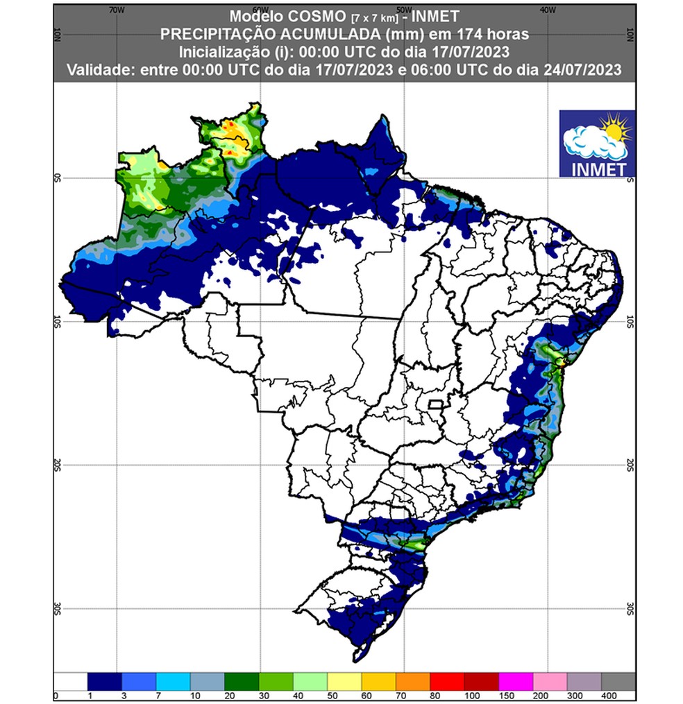 Previsão de chuvas entre 17 de julho e 24 de julho em todo o Brasil. — Foto: INMET