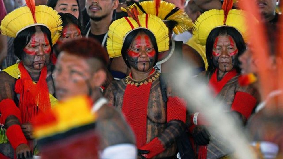 Indígenas fizeram mobilização contra a tese do marco temporal — Foto: Getty Images