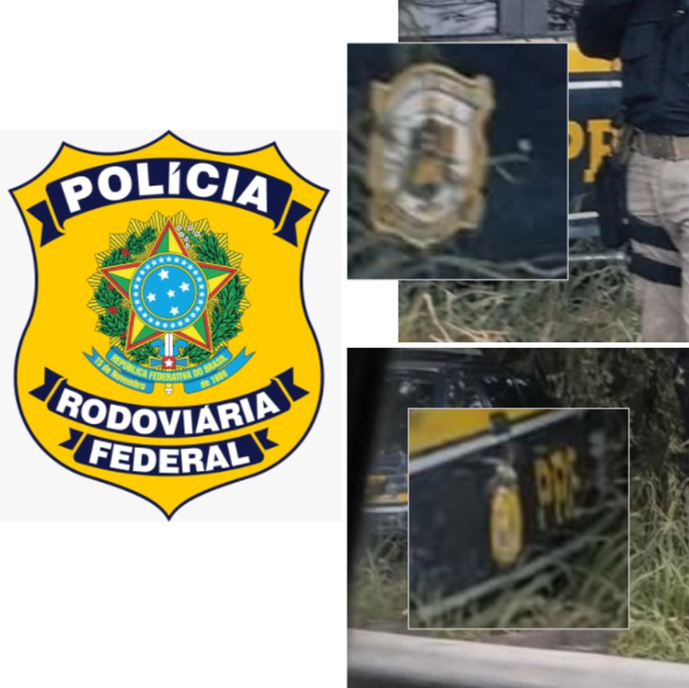 Brasão verdadeiro da PRF comparado aos símbolos das fotos falsas. — Foto: Reprodução/PRF