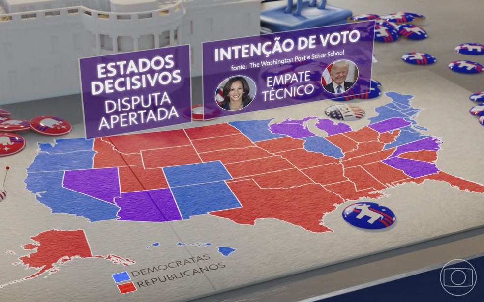 Eleição nos EUA: projeções indicam disputa acirrada entre Donald Trump e Kamala Harris — Foto: Jornal Nacional/ Reprodução