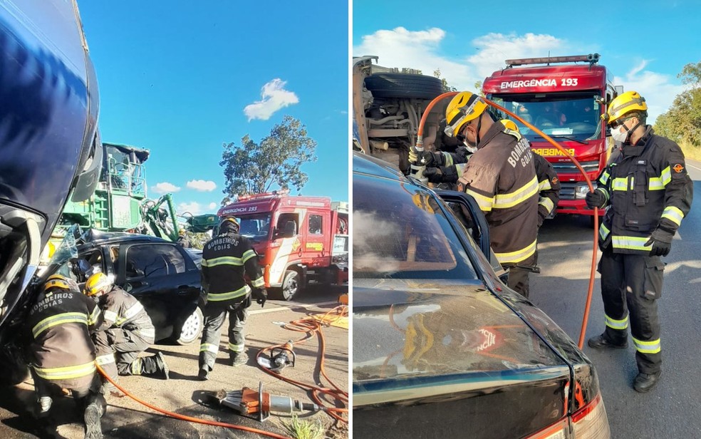 Bombeiros realizam o trabalho de retirar vítimas das ferragens, Goiás — Foto: Divulgação/Corpo de Bombeiros