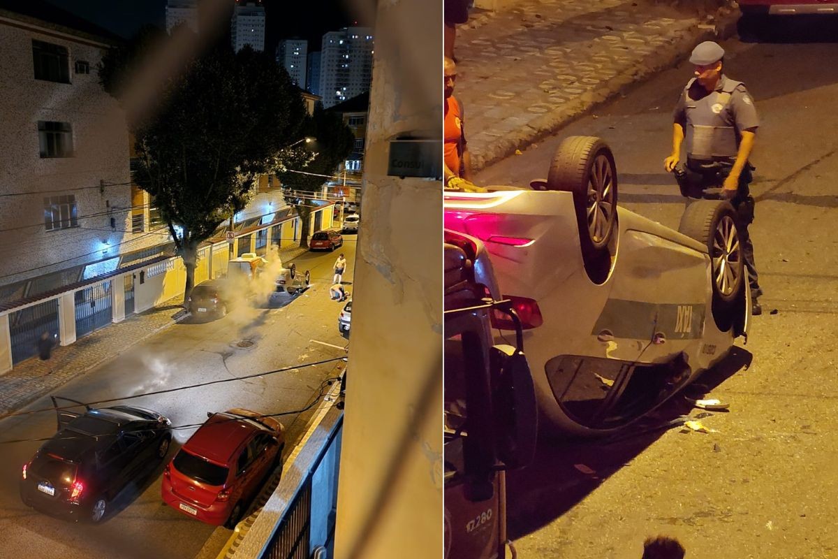 Taxista fica ferido após bater em carros estacionados e capotar veículo em cruzamento de Santos