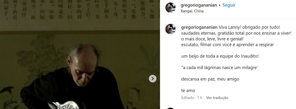 Publicação de Gregorio Gananian lamentando a morte de Lanny. — Foto: Reprodução/ Instagram