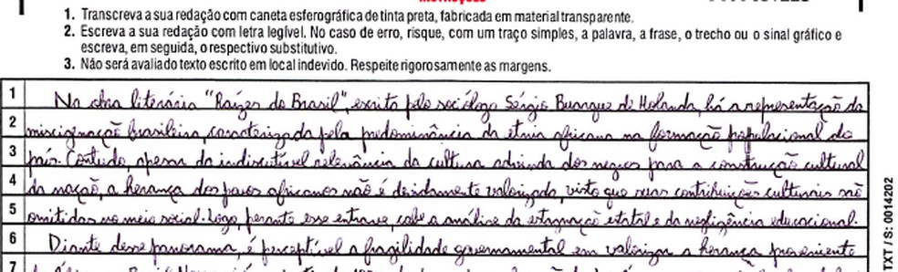 Redação nota mil de Marina Vieira Almeida Lima, no Enem 2024. — Foto: Reprodução