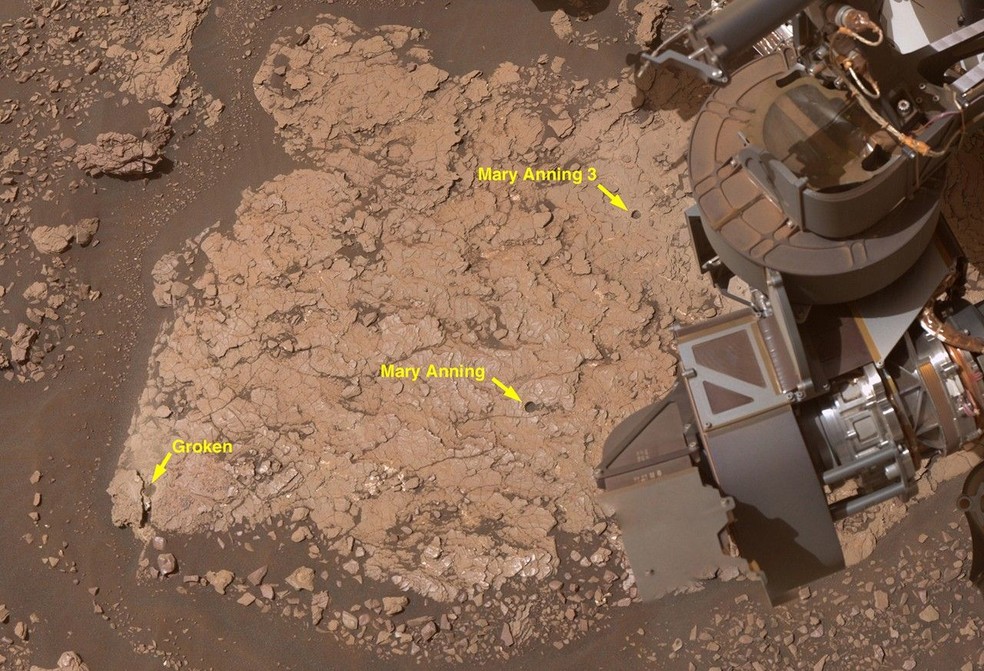 Região onde o rover Curiosity coletou três amostras de rochas perfuradas, que revelaram a presença de diferentes compostos orgânicos em Marte. — Foto: NASA/JPL-Caltech/MSSS