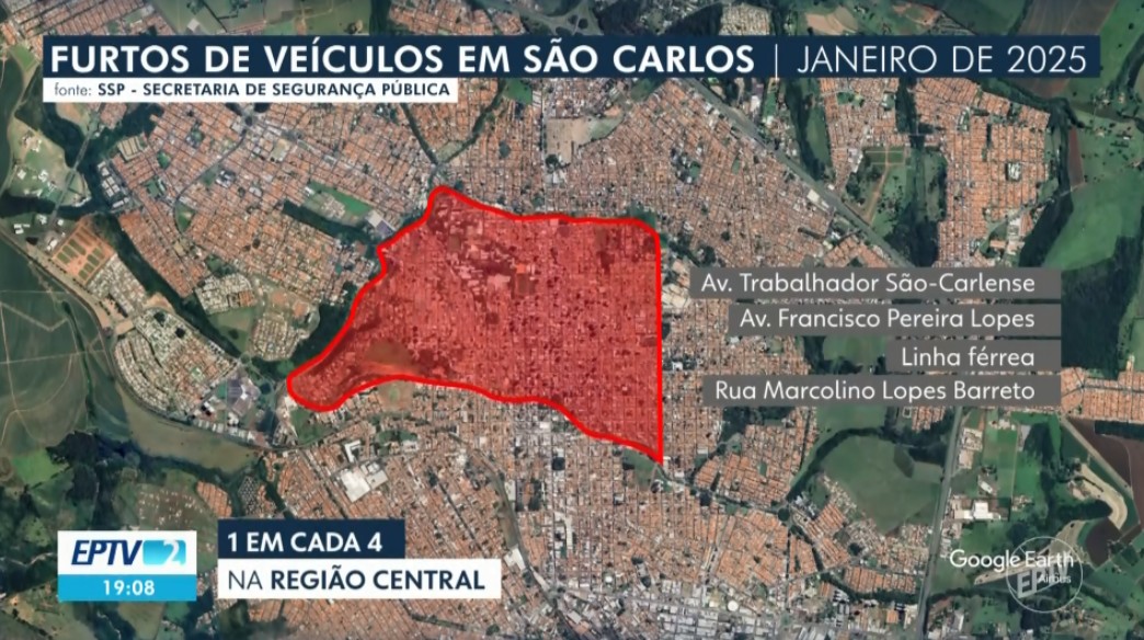 Centro de São Carlos registra 1 em cada 4 furtos de veículos; roubos crescem 200%, divulga SSP