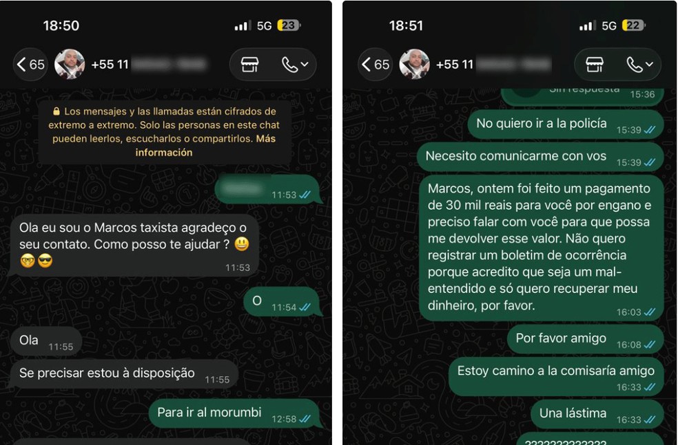 Troca de mensagens entre torcedor do Boca e taxista mostra argentino pedindo devolução do dinheiro pago a mais ao motorista. — Foto: Reprodução