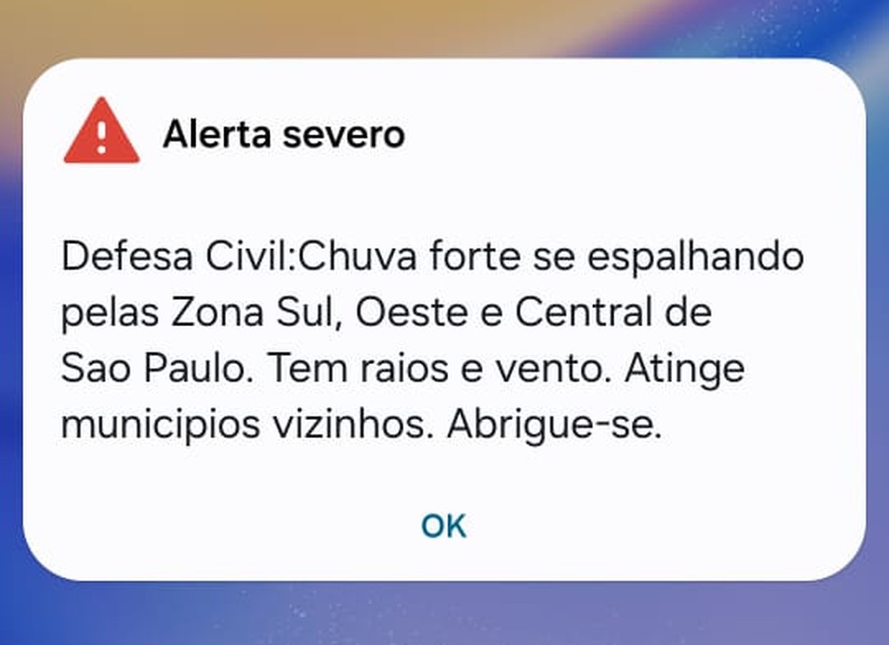 Alerta severo da Defesa Civil — Foto: Reprodução