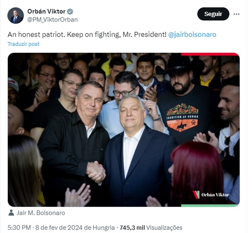 Postagem de Viktor Orban no dia em Bolsonaro foi alvo de uma operação da Polícia Federal — Foto: Reprodução/X