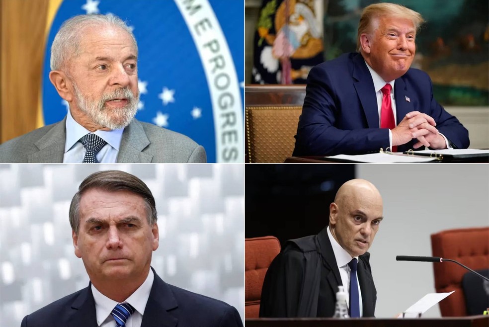 Lula, Donald Trump, Jair Bolsonaro e Alexandre de Moraes são os principais atores políticos da notícias de julho. — Foto: Evaristo Sa/AFP//Antonio Augusto/STF//Adriano Machado/Reuters//Patrick Semansky/AP
