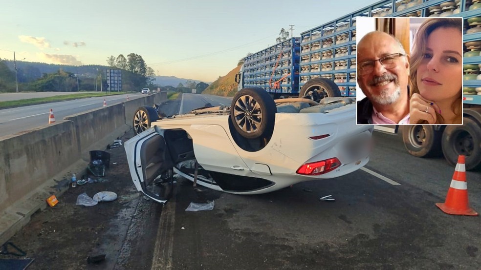 Pai e filha médicos morrem após carro capotar na Rodovia Fernão Dias, em Extrema, MG — Foto: Polícia Rodoviária Federal e Redes sociais