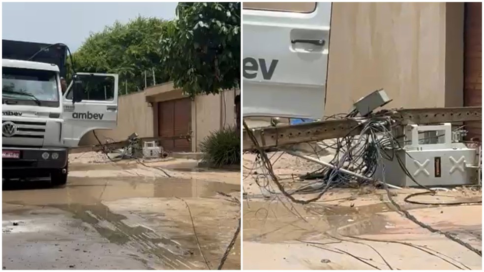 Funcionário morre após ser atingido por poste derrubado por caminhão de bebidas, em Caucaia (CE) — Foto: Reprodução