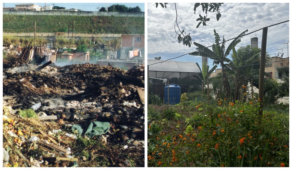 Antes e depois do espaço em que fica a horta da Mulheres do GAU, parte das iniciativas do NUA — Foto: Arquivo pessoal