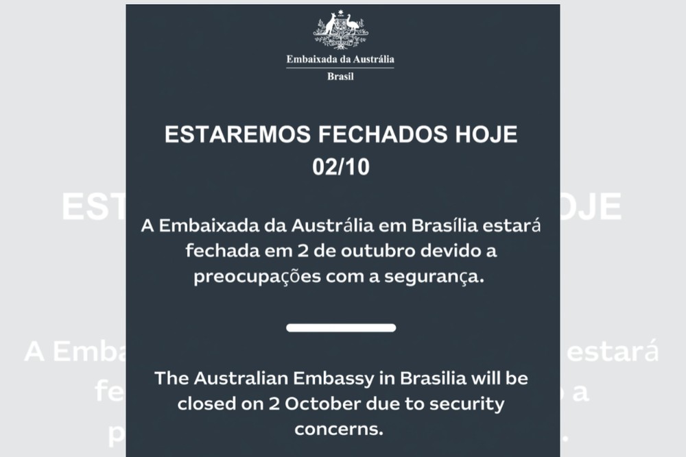 Embaixada da Austrália suspende atividades em Brasília por questões de segurança durante período eleitoral