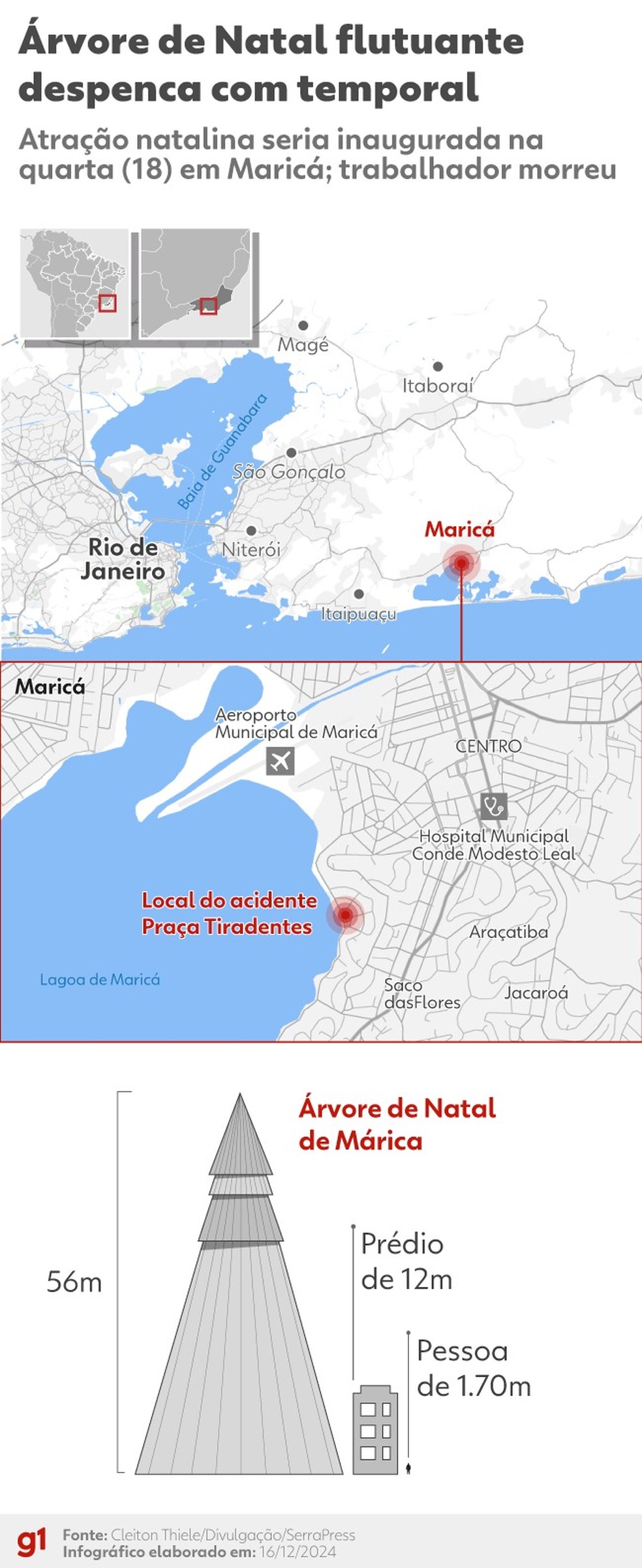 Árvore flutuante tinha 56 metros de altura e era uma das principais atrações do natal de Maricá — Foto: Arte g1