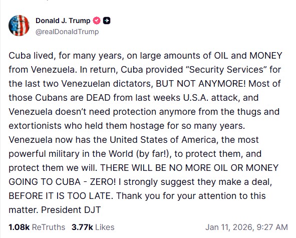 Trump diz que Cuba 'ficou sem petróleo e dinheiro da Venezuela' e renova ameaça: 'Faça um acordo antes que seja tarde'