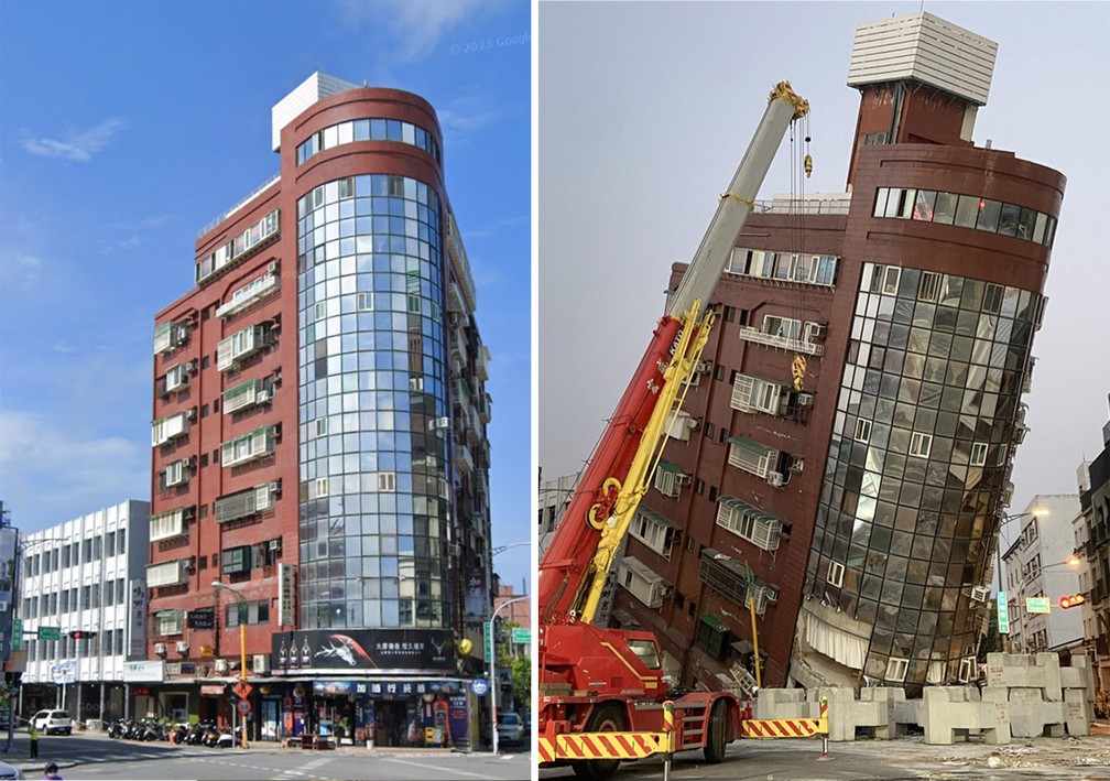 Antes e depois mostra prédio de Hualien que ficou tombado após terremoto atingir a cidade taiwanesa — Foto: Reprodução/Google Street View; CNA via AFP