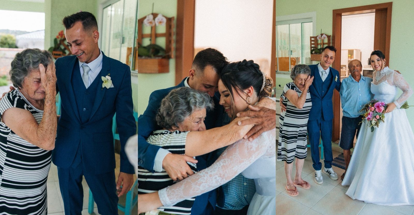 Noivos 'fogem' do próprio casamento e visitam avós que não puderam ir à cerimônia em SC; VÍDEO