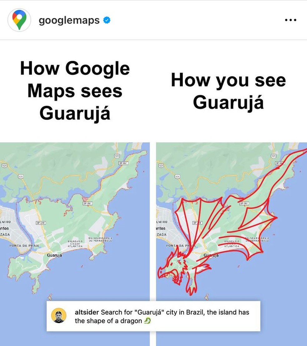 Guarujá viraliza na web por formato de 'dragão' e Google publica